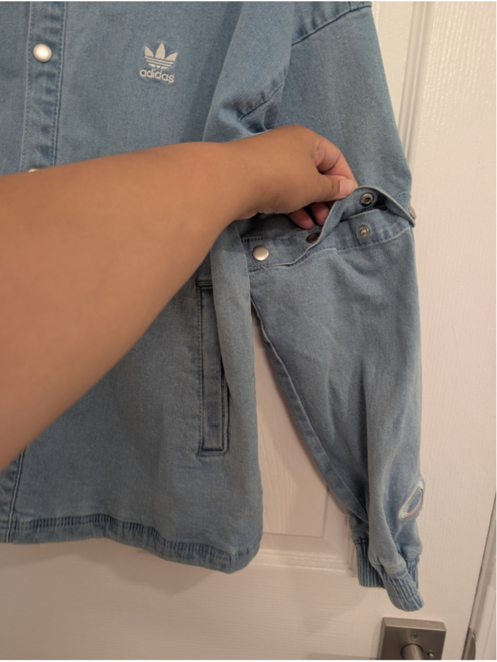 Adidas Light Blue Jean Always Original Denim Track Jacket Snap Buttons Oversized - Picture 7 of 14
